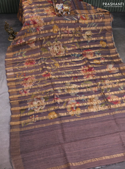 Organza tissue tussar silk saree rosy brown with allover zari stripe pattern & floral prints and zari woven border