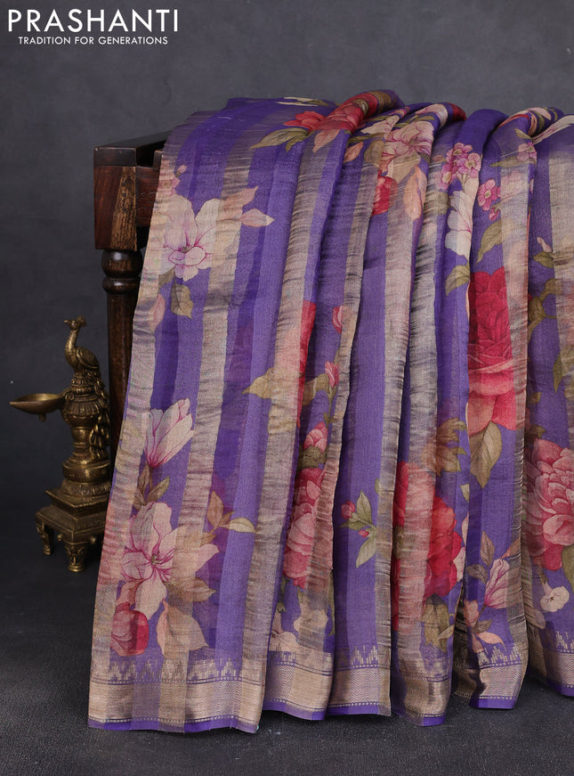 Organza tissue tussar silk saree lavender with allover zari stripe pattern & floral prints and zari woven border