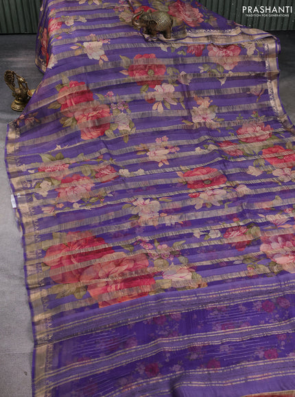 Organza tissue tussar silk saree lavender with allover zari stripe pattern & floral prints and zari woven border