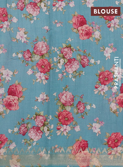 Organza tissue tussar silk saree teal blue with allover zari stripe pattern & floral prints and zari woven border