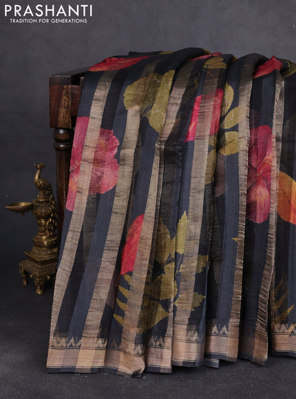Organza tissue tussar silk saree black with allover zari stripe pattern & leaf prints and zari woven border