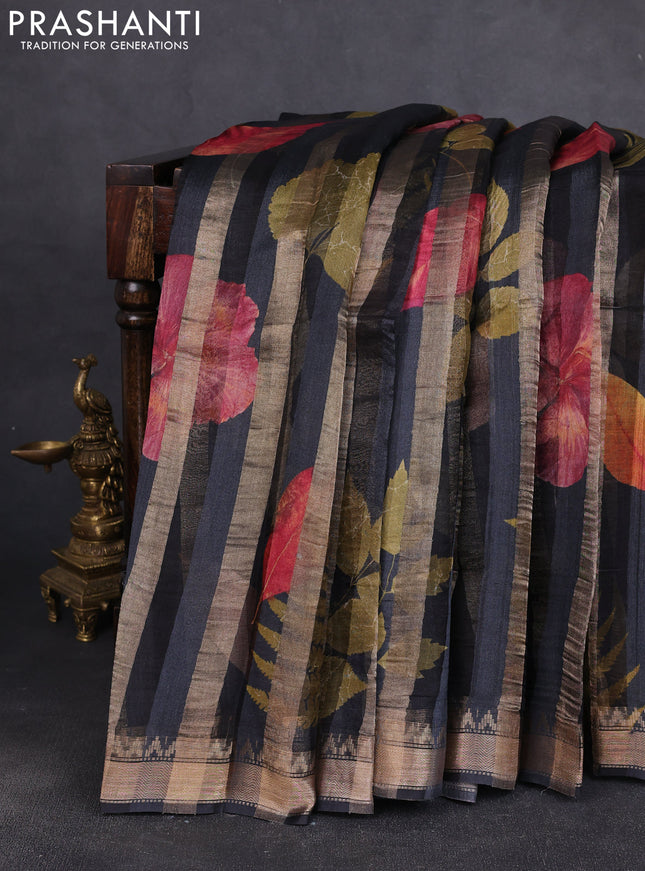 Organza tissue tussar silk saree black with allover zari stripe pattern & leaf prints and zari woven border
