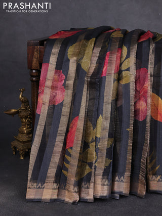 Organza tissue tussar silk saree black with allover zari stripe pattern & leaf prints and zari woven border