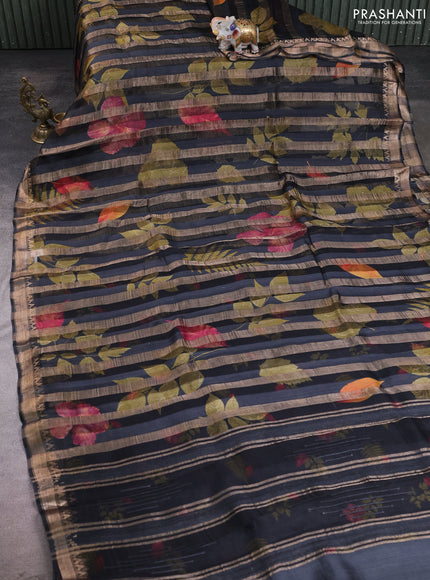 Organza tissue tussar silk saree black with allover zari stripe pattern & leaf prints and zari woven border