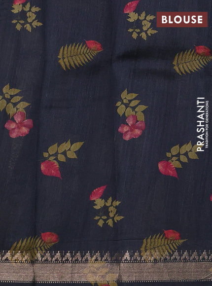 Organza tissue tussar silk saree black with allover zari stripe pattern & leaf prints and zari woven border