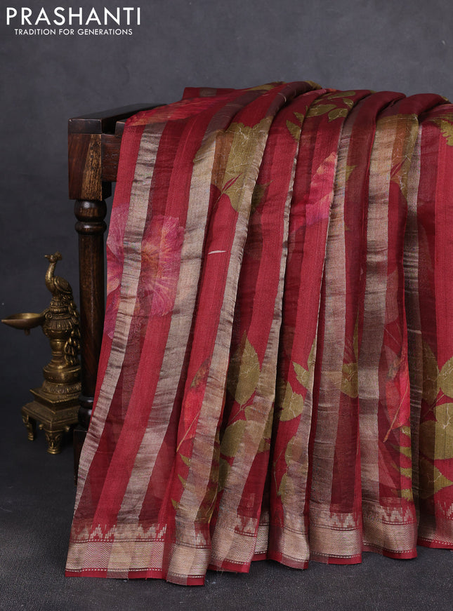 Organza tissue tussar silk saree maroon with allover zari stripe pattern & leaf prints and zari woven border