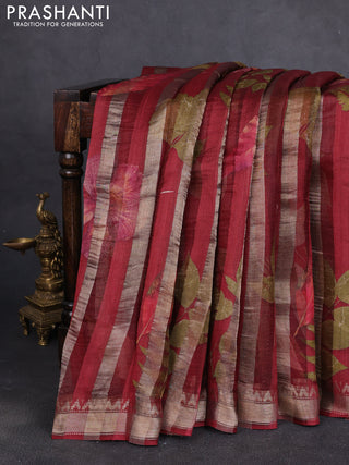 Organza tissue tussar silk saree maroon with allover zari stripe pattern & leaf prints and zari woven border