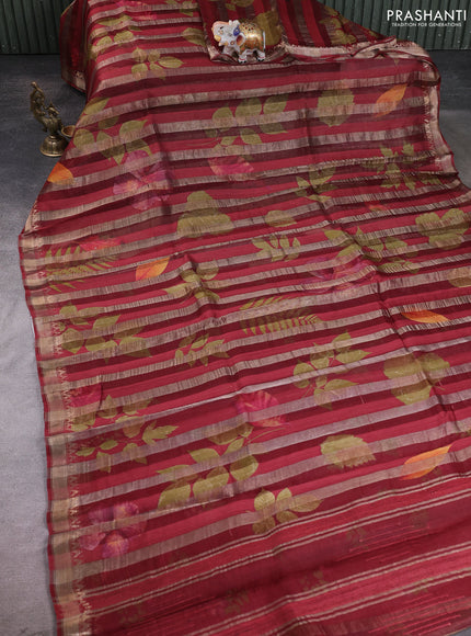 Organza tissue tussar silk saree maroon with allover zari stripe pattern & leaf prints and zari woven border