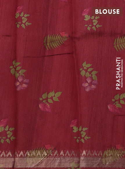 Organza tissue tussar silk saree maroon with allover zari stripe pattern & leaf prints and zari woven border