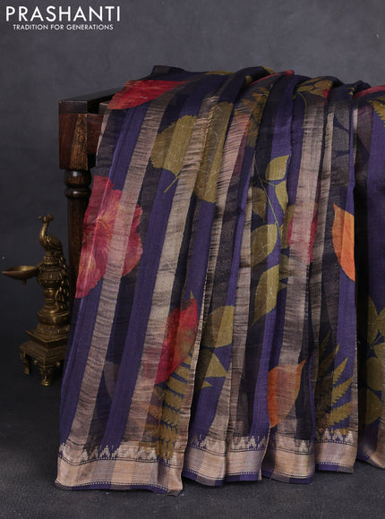 Organza tissue tussar silk saree navy blue with allover zari stripe pattern & leaf prints and zari woven border