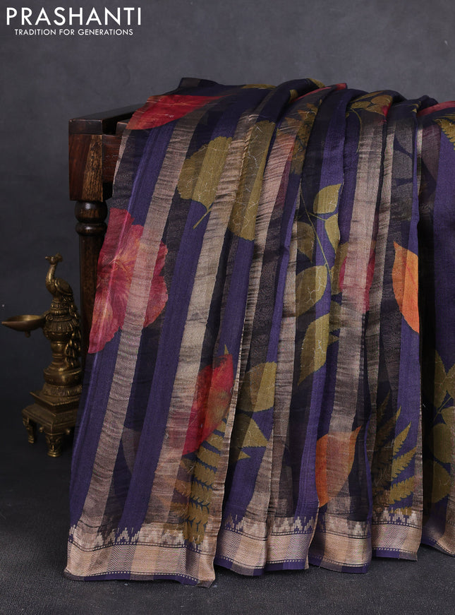 Organza tissue tussar silk saree navy blue with allover zari stripe pattern & leaf prints and zari woven border