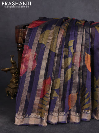 Organza tissue tussar silk saree navy blue with allover zari stripe pattern & leaf prints and zari woven border