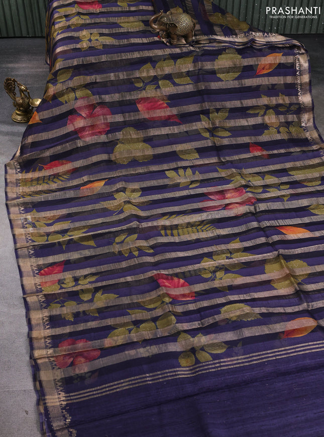 Organza tissue tussar silk saree navy blue with allover zari stripe pattern & leaf prints and zari woven border