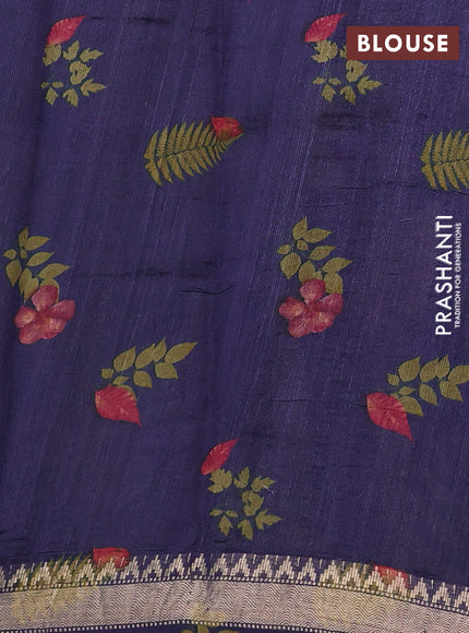 Organza tissue tussar silk saree navy blue with allover zari stripe pattern & leaf prints and zari woven border