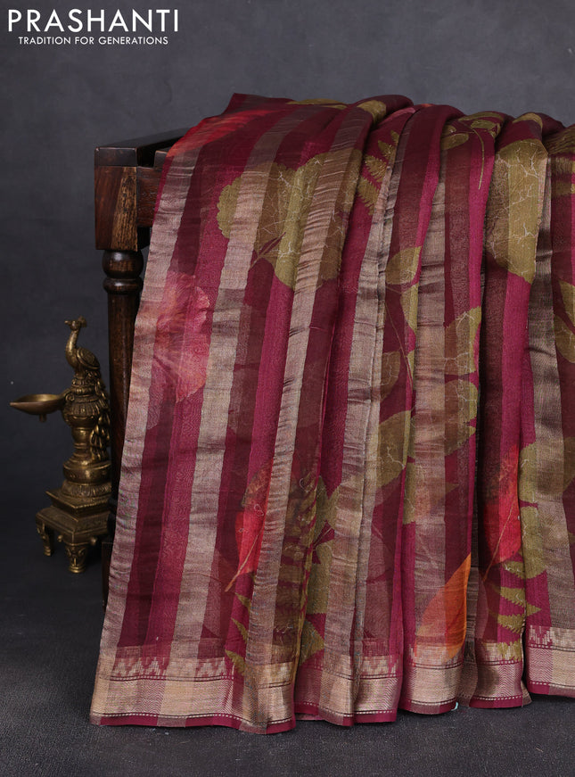 Organza tissue tussar silk saree wine shade with allover zari stripe pattern & leaf prints and zari woven border