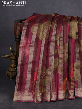 Organza tissue tussar silk saree wine shade with allover zari stripe pattern & leaf prints and zari woven border