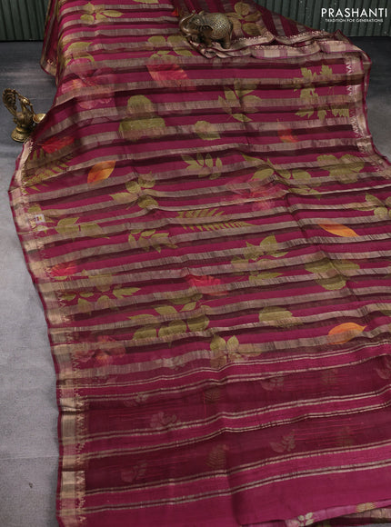 Organza tissue tussar silk saree wine shade with allover zari stripe pattern & leaf prints and zari woven border