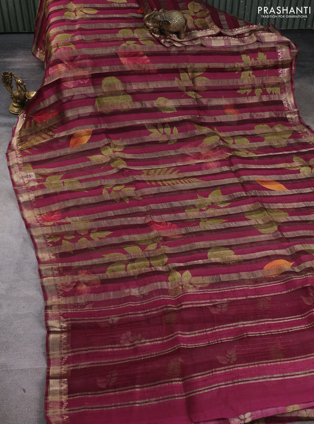 Organza tissue tussar silk saree wine shade with allover zari stripe pattern & leaf prints and zari woven border