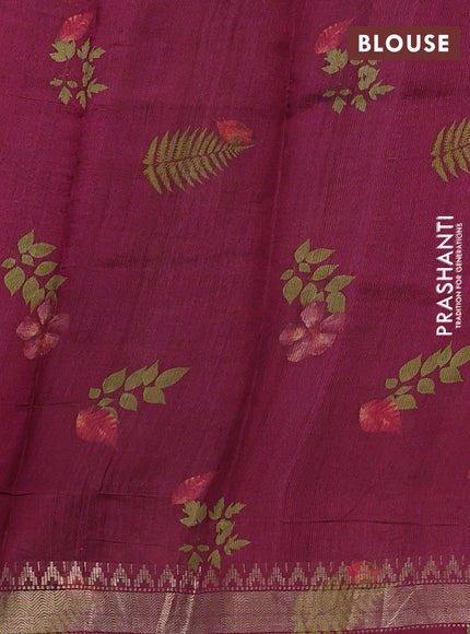Organza tissue tussar silk saree wine shade with allover zari stripe pattern & leaf prints and zari woven border