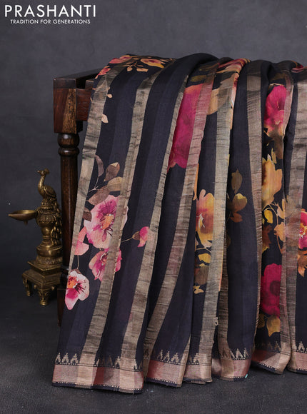 Organza tissue tussar silk saree black with allover zari stripe pattern & floral prints and zari woven border