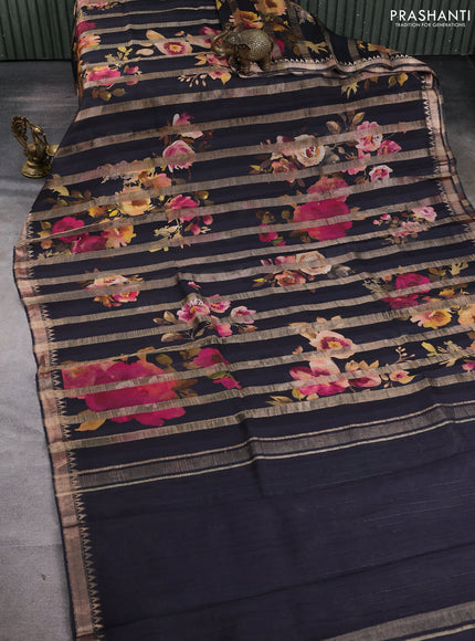 Organza tissue tussar silk saree black with allover zari stripe pattern & floral prints and zari woven border