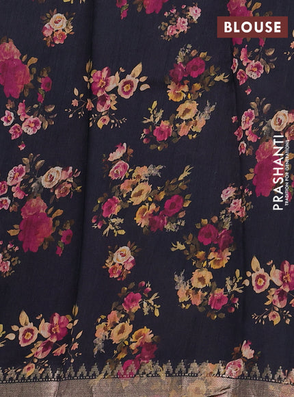 Organza tissue tussar silk saree black with allover zari stripe pattern & floral prints and zari woven border