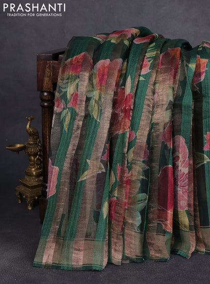 Organza tissue tussar silk saree green with allover zari stripe pattern & floral prints and zari woven border
