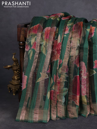 Organza tissue tussar silk saree green with allover zari stripe pattern & floral prints and zari woven border