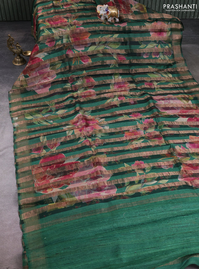 Organza tissue tussar silk saree green with allover zari stripe pattern & floral prints and zari woven border
