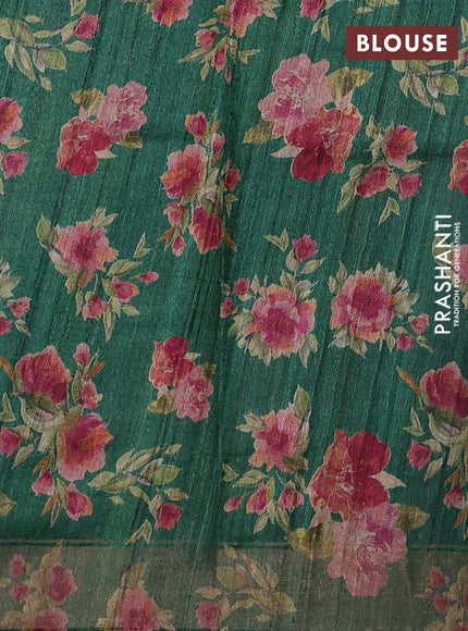 Organza tissue tussar silk saree green with allover zari stripe pattern & floral prints and zari woven border