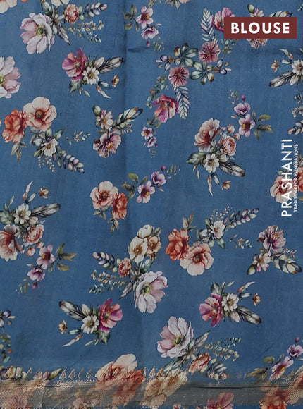 Organza tissue tussar silk saree cs blue with allover zari stripe pattern & floral prints and zari woven border