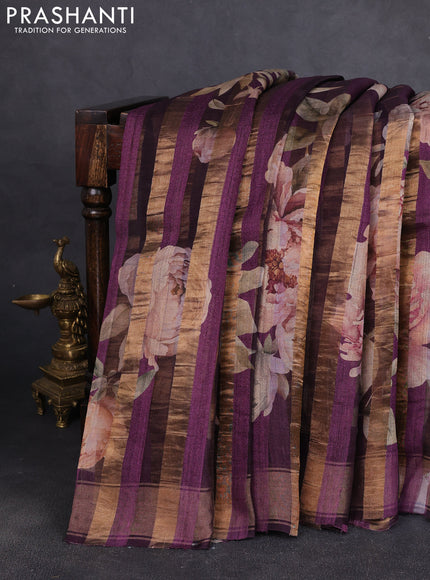 Organza tissue tussar silk saree deep purple with allover zari stripe pattern & floral prints and zari woven border