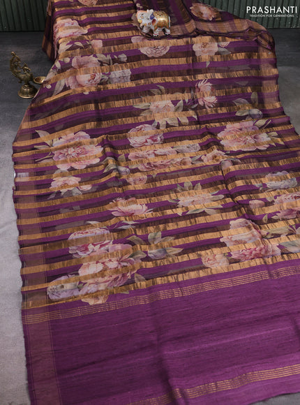 Organza tissue tussar silk saree deep purple with allover zari stripe pattern & floral prints and zari woven border