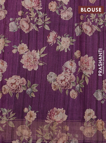 Organza tissue tussar silk saree deep purple with allover zari stripe pattern & floral prints and zari woven border
