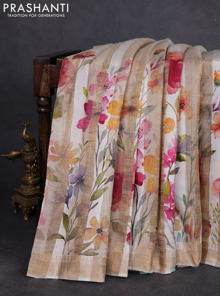 Organza tissue tussar silk saree cream with allover zari stripe pattern & floral prints and zari woven border