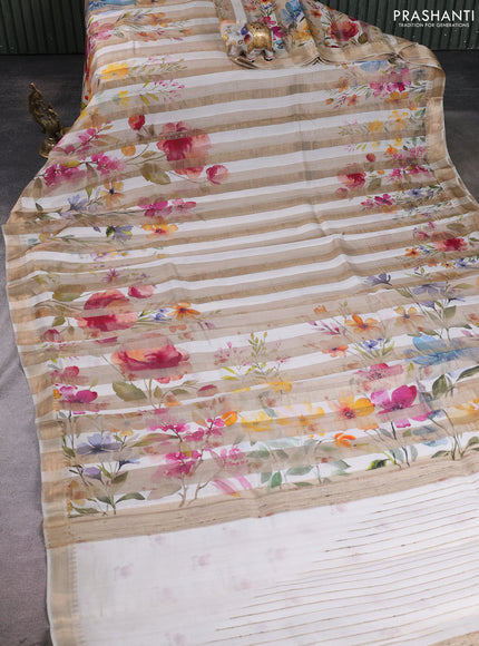 Organza tissue tussar silk saree cream with allover zari stripe pattern & floral prints and zari woven border