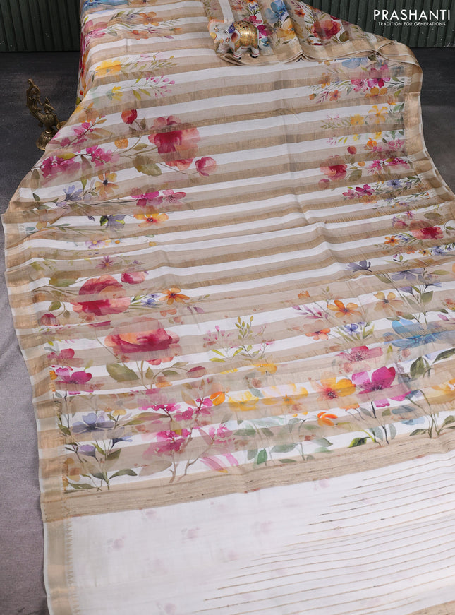 Organza tissue tussar silk saree cream with allover zari stripe pattern & floral prints and zari woven border