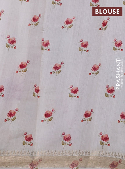 Organza tissue tussar silk saree cream with allover zari stripe pattern & floral prints and zari woven border
