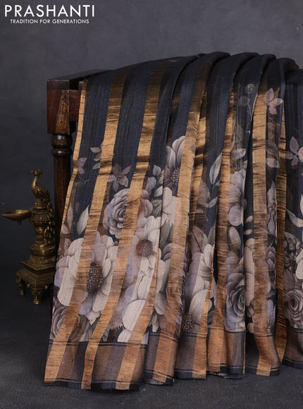 Organza tissue tussar silk saree black with allover zari stripe pattern & floral prints and zari woven border