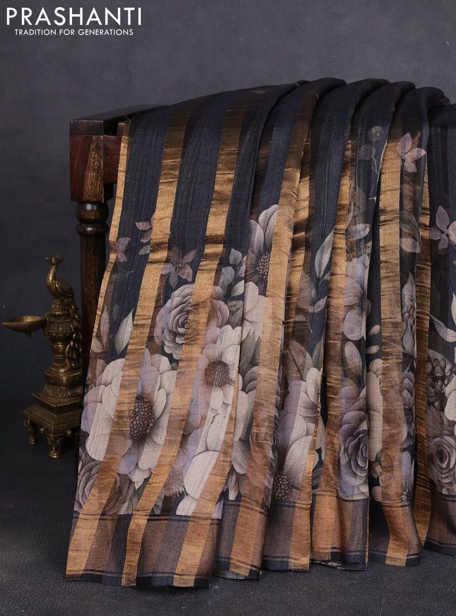 Organza tissue tussar silk saree black with allover zari stripe pattern & floral prints and zari woven border