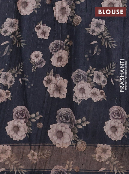 Organza tissue tussar silk saree black with allover zari stripe pattern & floral prints and zari woven border