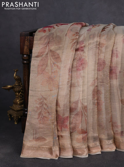 Organza tissue tussar silk saree cream with allover zari stripe pattern & floral prints and zari woven border