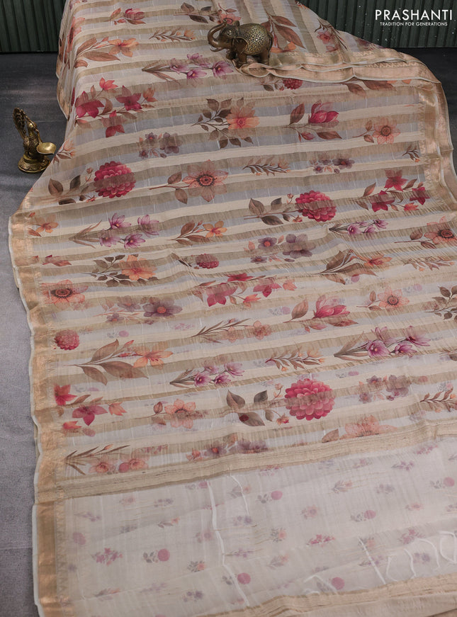 Organza tissue tussar silk saree cream with allover zari stripe pattern & floral prints and zari woven border