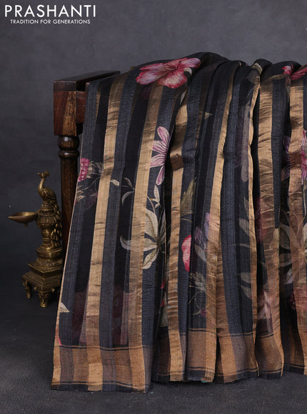 Organza tissue tussar silk saree black with allover zari stripe pattern & floral prints and zari woven border