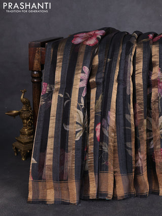 Organza tissue tussar silk saree black with allover zari stripe pattern & floral prints and zari woven border