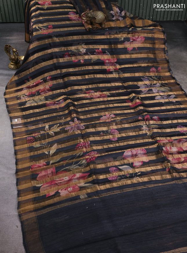 Organza tissue tussar silk saree black with allover zari stripe pattern & floral prints and zari woven border