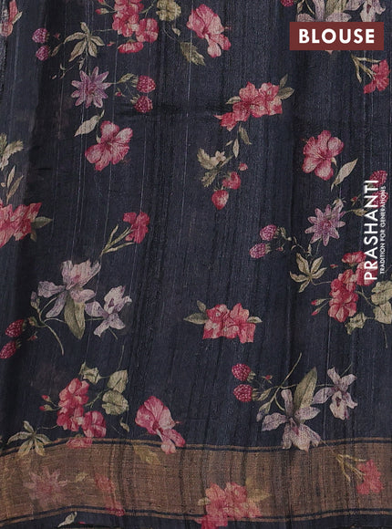 Organza tissue tussar silk saree black with allover zari stripe pattern & floral prints and zari woven border