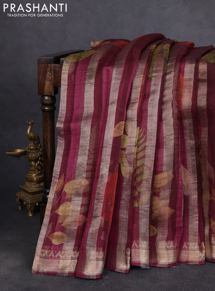 Organza tissue tussar silk saree wine with allover zari stripe pattern & leaf prints and zari woven border