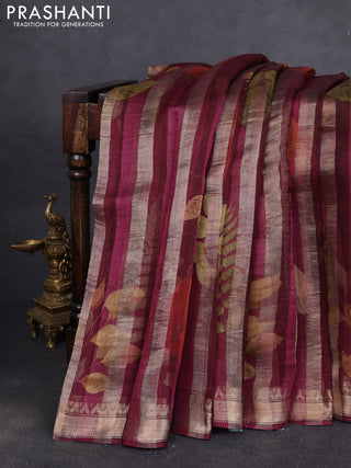 Organza tissue tussar silk saree wine with allover zari stripe pattern & leaf prints and zari woven border
