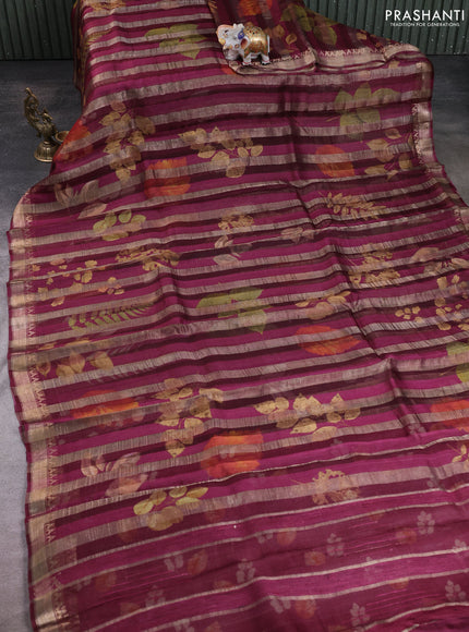 Organza tissue tussar silk saree wine with allover zari stripe pattern & leaf prints and zari woven border